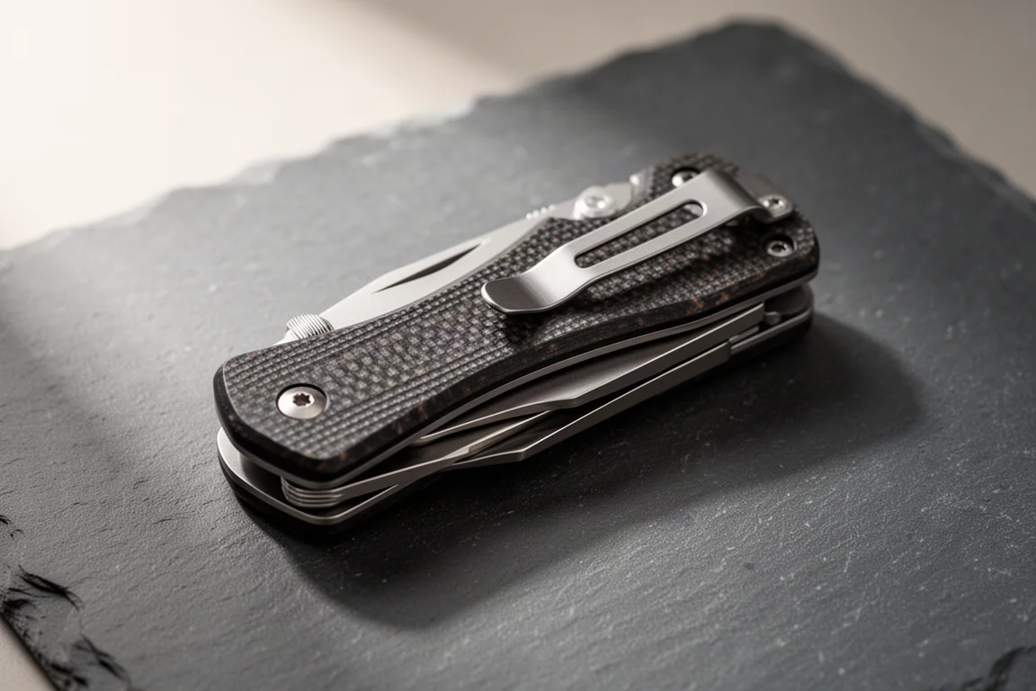 Mossy Oak multitool met getextureerde G10 handschalen op leisteen