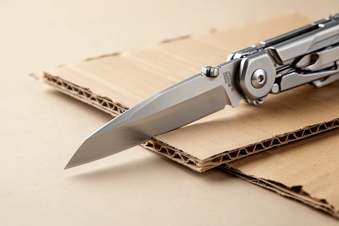 Mes van multitool snijdt door karton in zacht daglicht