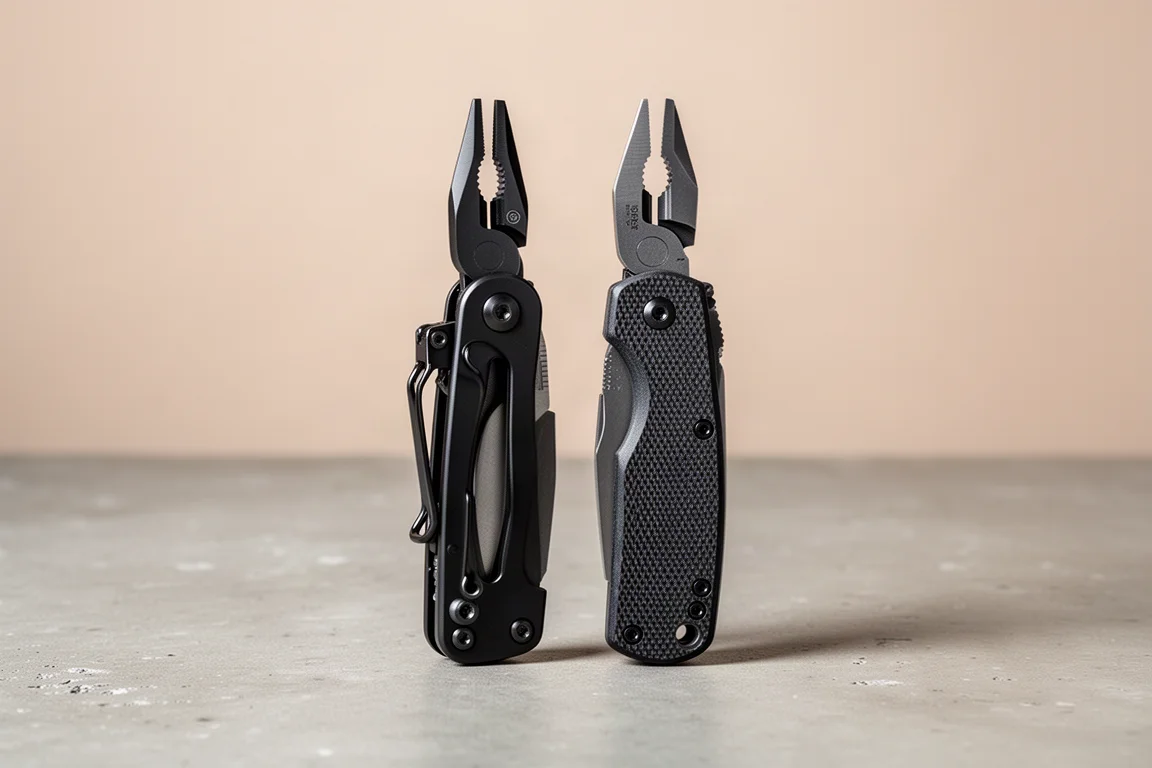 Two budget multi-tools side by side on a concrete surface