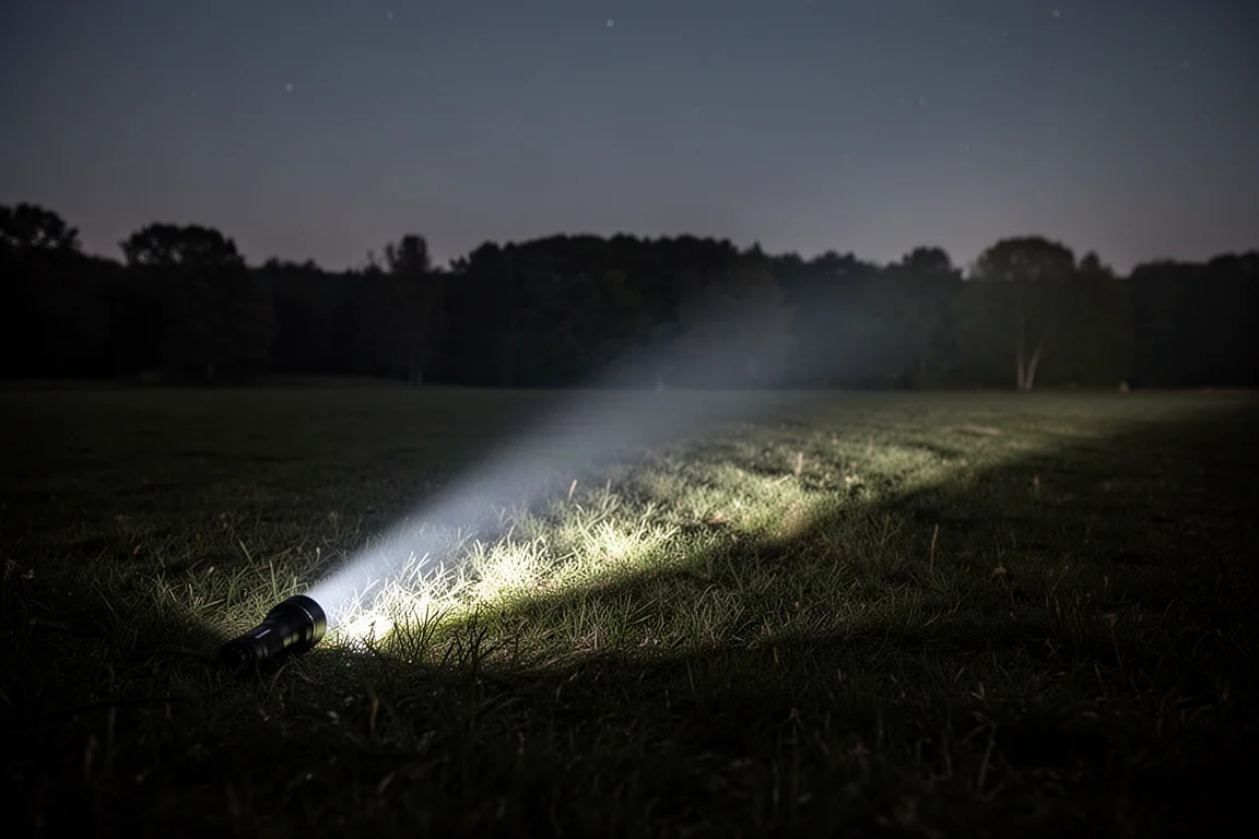 Feixe poderoso de lanterna cortando um campo aberto escuro à noite