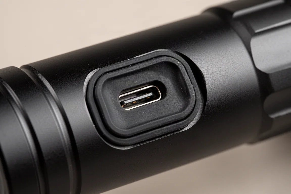 Close-up de uma tampa espessa e recuada da porta de carregamento USB-C no corpo de uma lanterna
