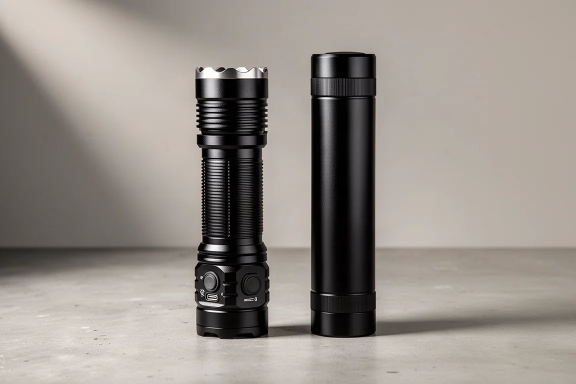 Klarus XT11 GT Pro V2 與 SureFire P3X Fury 兩支手電筒並排在水泥地上