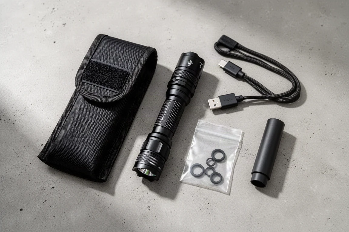 Tactical flashlight on a table beside its holster, charging cable, and battery adapter