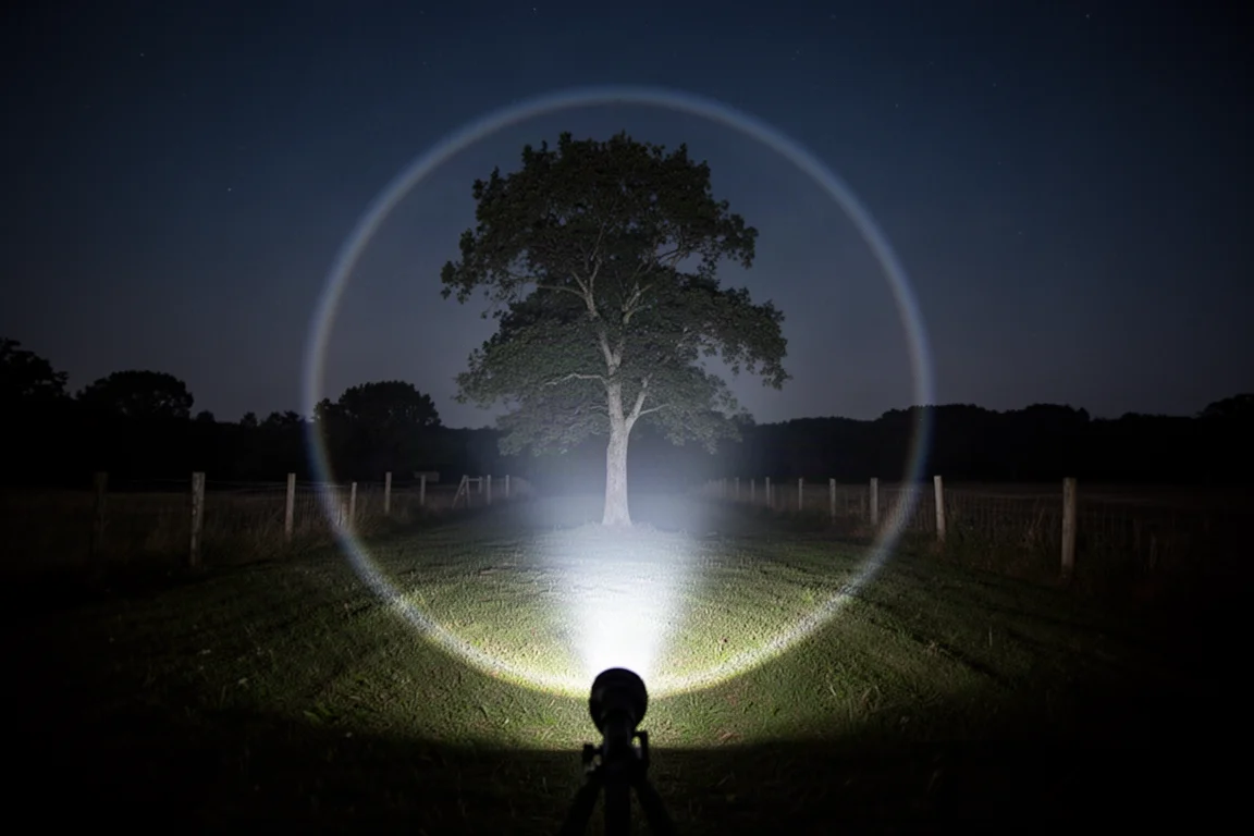 Long-distance flashlight beam cutting across a dark yard toward a distant tree