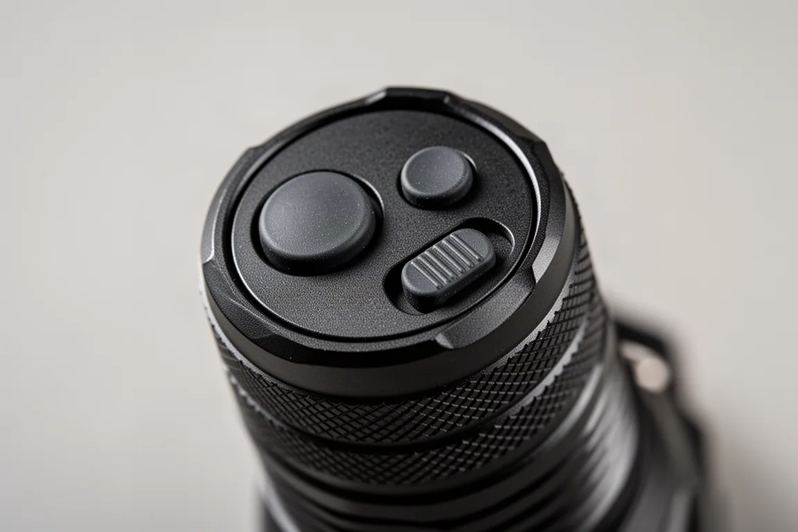 Dual tail switches on the rear cap of a tactical flashlight in close-up