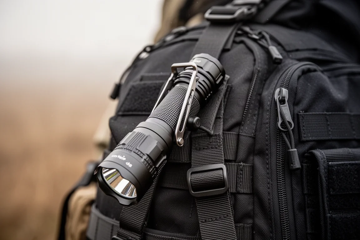 Large flashlight clipped to the outside of a backpack strap