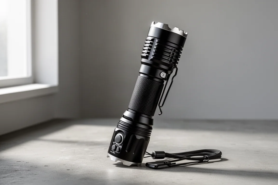 Klarus XT12 GT Pro tactical flashlight with knurled body and steel bezel on concrete