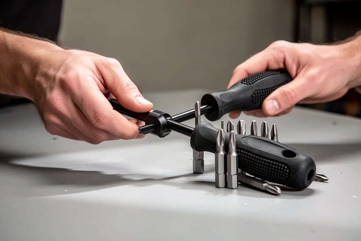 Handen monteren de schacht van een multi-bit schroevendraaier waar bits op hun plaats klikken