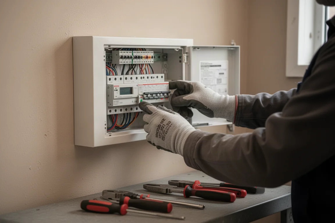 Monteur werkt bij een elektriciteitspaneel met handgereedschap klaarliggend