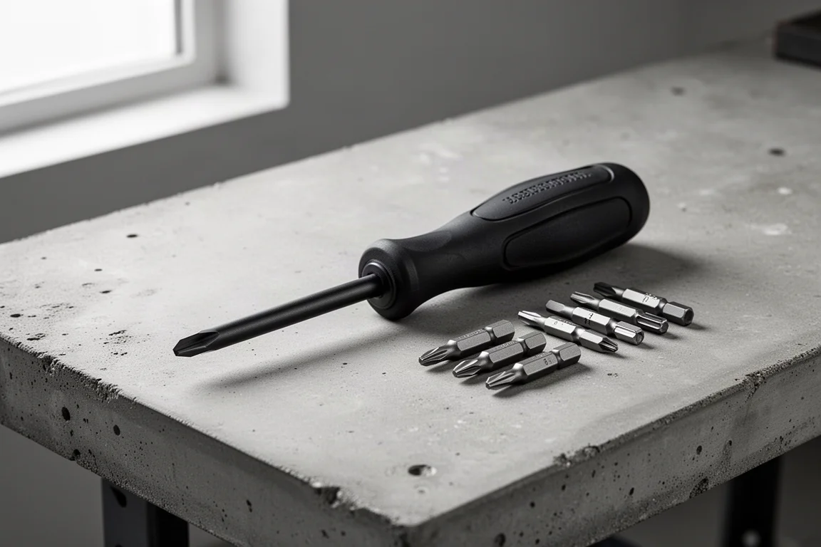 Matte black multi-bit screwdriver with loose bits on a concrete workbench