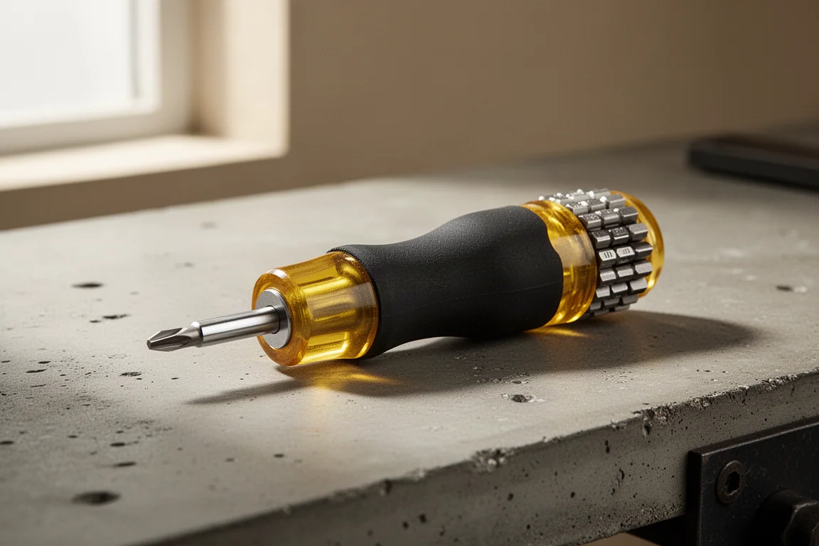 Klein 32308 adjustable stubby screwdriver with yellow and black handle on a workbench