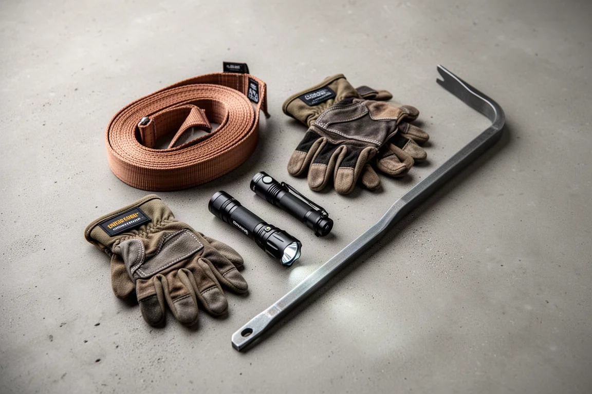 Kit per camion overlanding disposto con attrezzi su una superficie di cemento