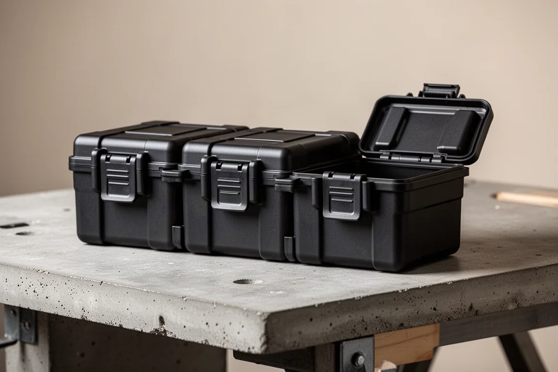 Small black modular tool boxes snapped together on a workbench