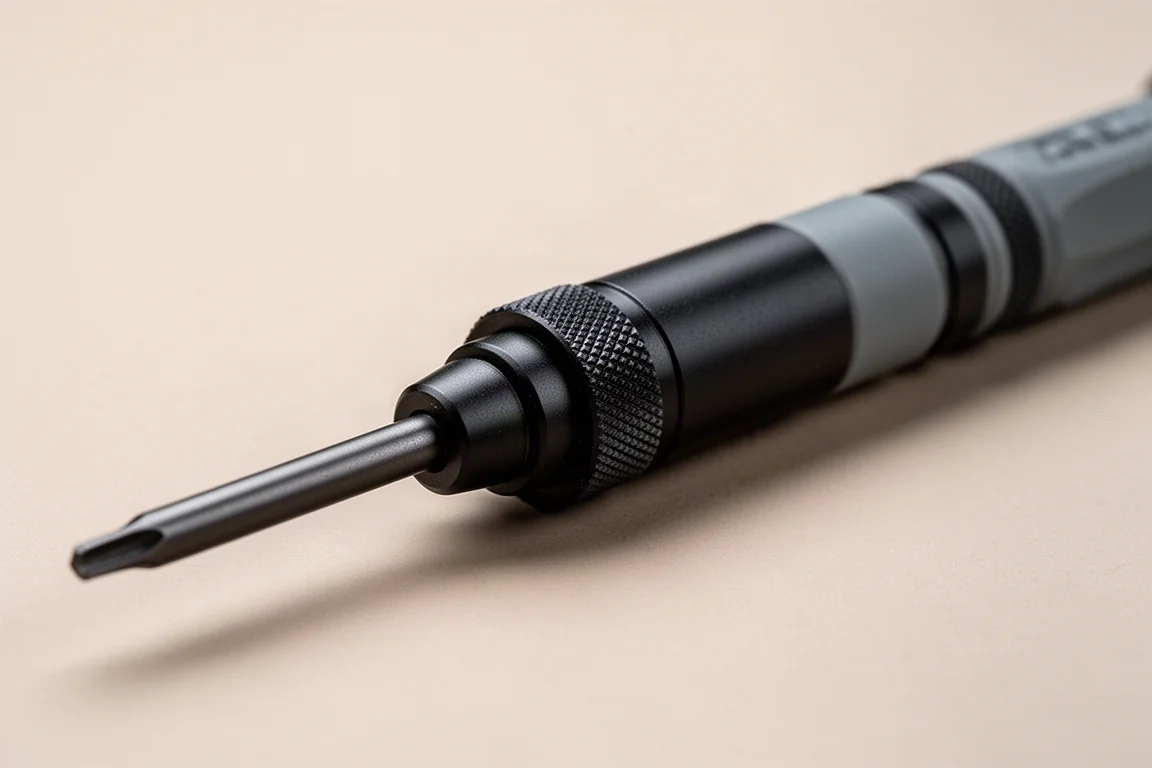 Close-up of a precision driver handle with a spinning tail cap and interchangeable shank