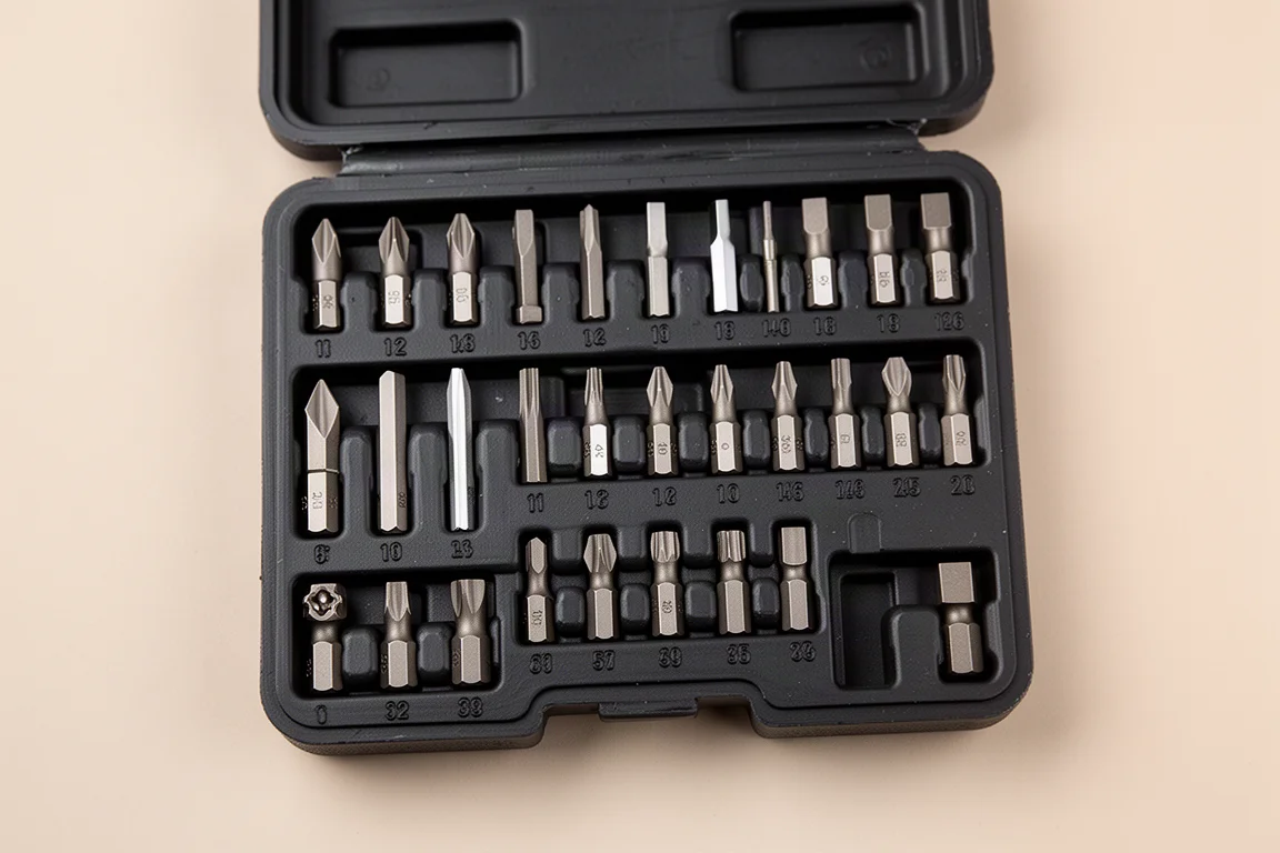 Precision bits arranged in labeled sockets inside a storage case