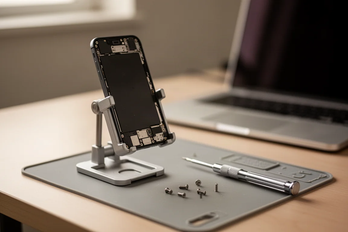 Technician repairing a small electronic device with a precision driver on a desk