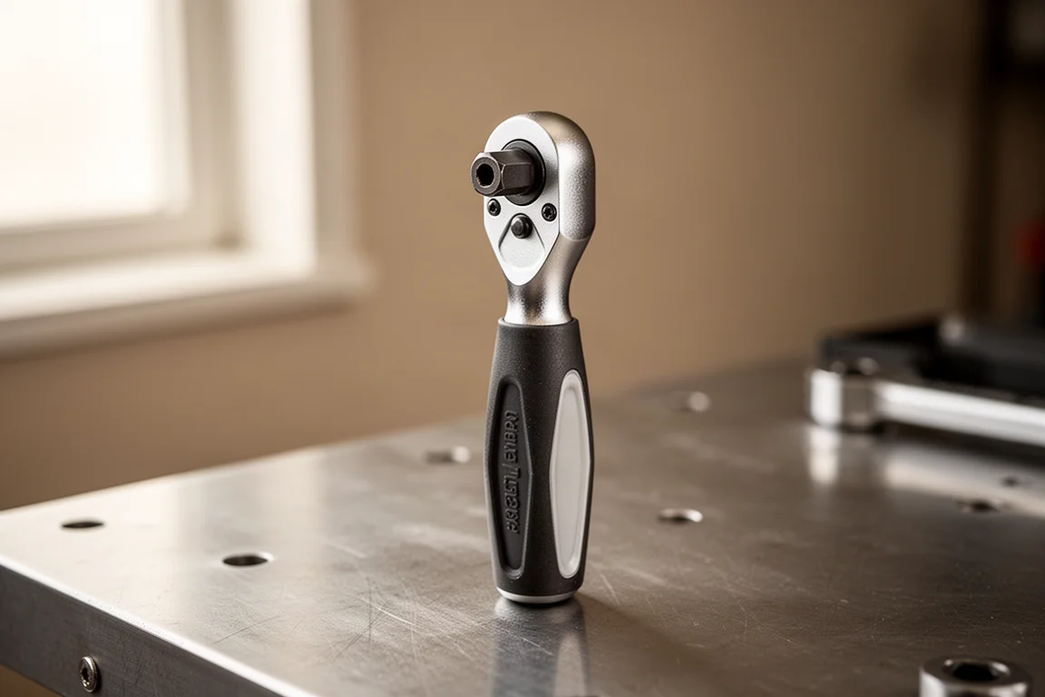 Compacte ratchethendel met kenmerkende doodskistvormige greep, vastgehouden in een werkplaats