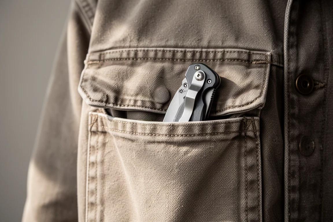 Klappbares Taschenmesser in der Jackentasche eines Arbeitsmantels, mit sichtbarem Deep-Carry-Clip