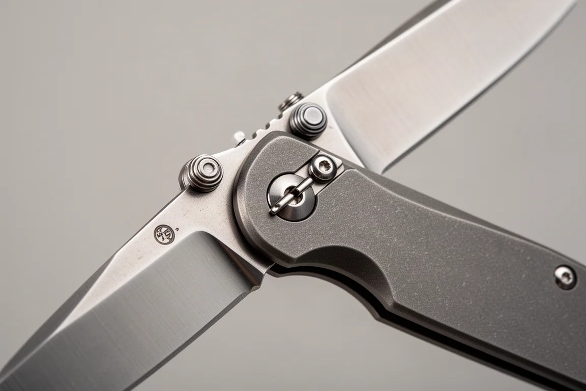 Detail von Scharnier und Griff eines Klappmessers mit sichtbarem Crossbar-Lock-Mechanismus