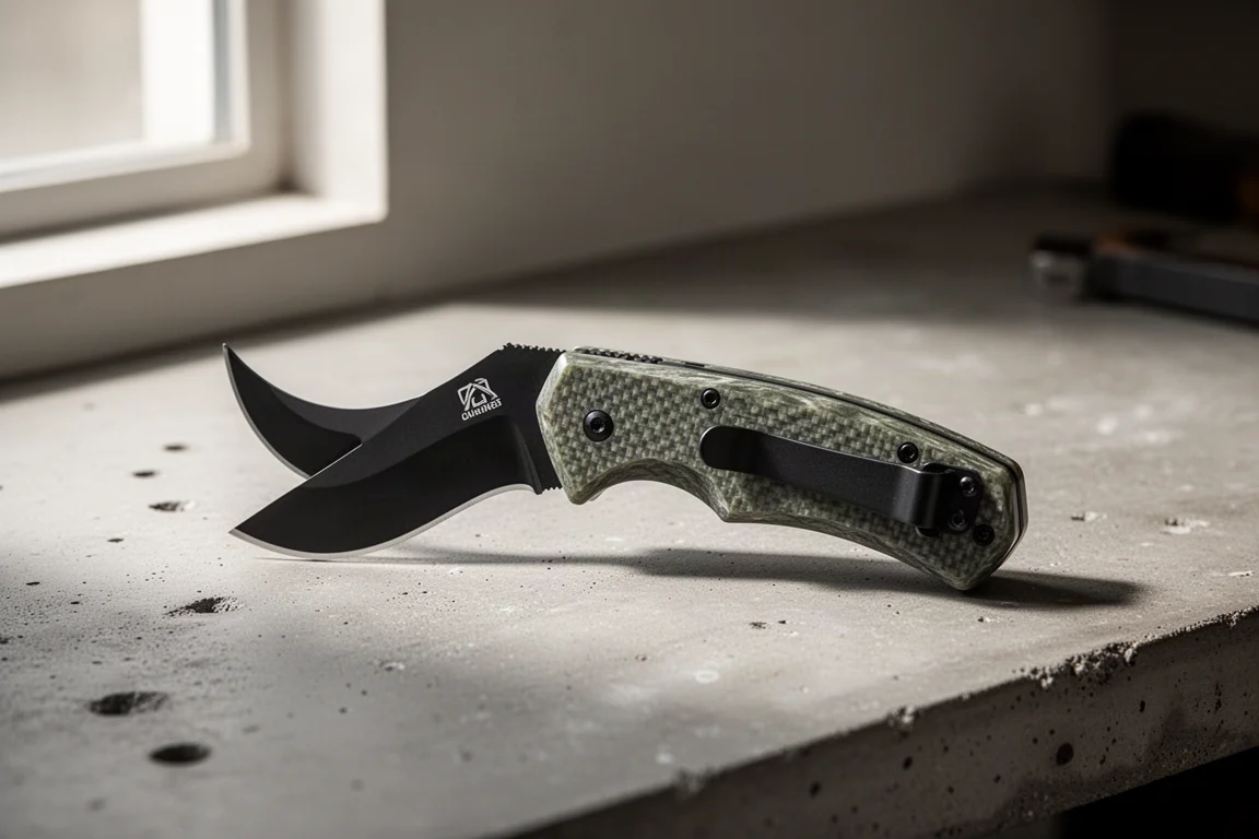 Klein Hawk Bill folding cable skinning knife on a concrete workbench