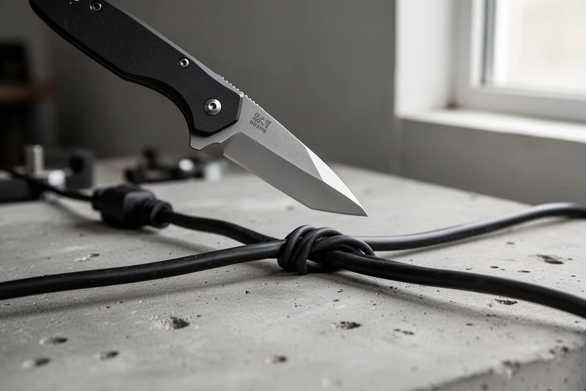 Modified wharncliffe blade tip held close against a cable sheath