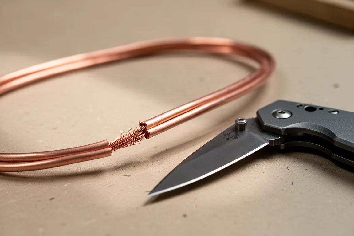 Wire stripped cleanly using a dedicated stripping notch on a folding knife