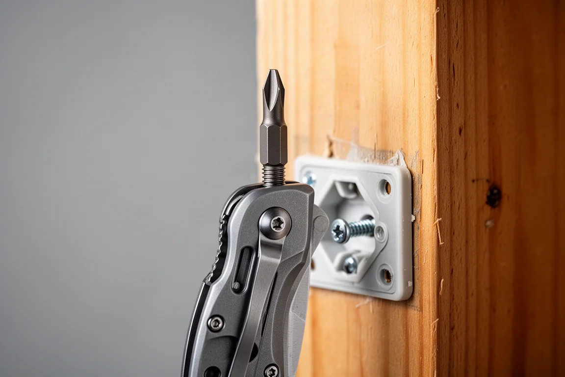 Bit driver on the rear of a folding knife spinning a screw into a fastener