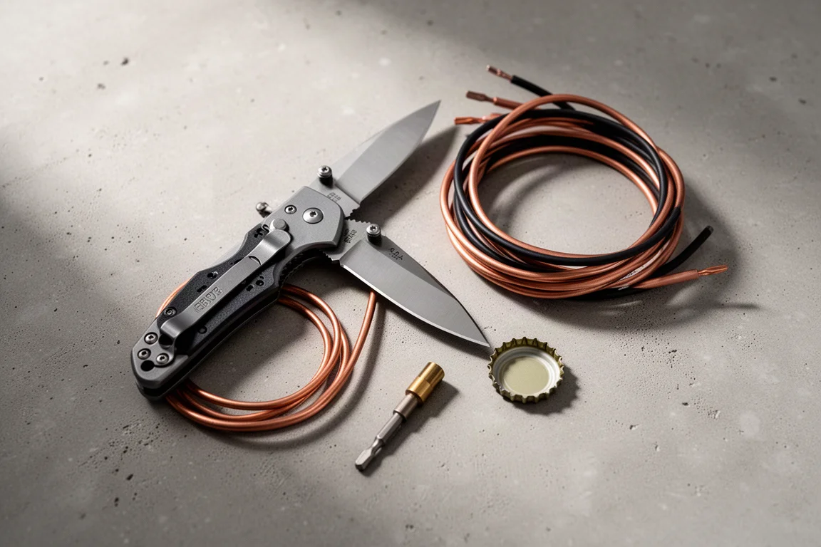 Pocket knife carried alongside daily items on a workshop bench