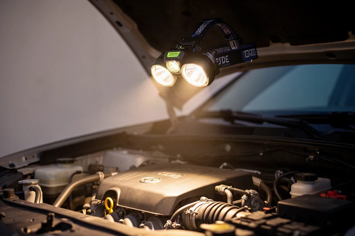 Lampe frontale à faisceau large éclairant tout un compartiment moteur au lieu d'un étroit point lumineux