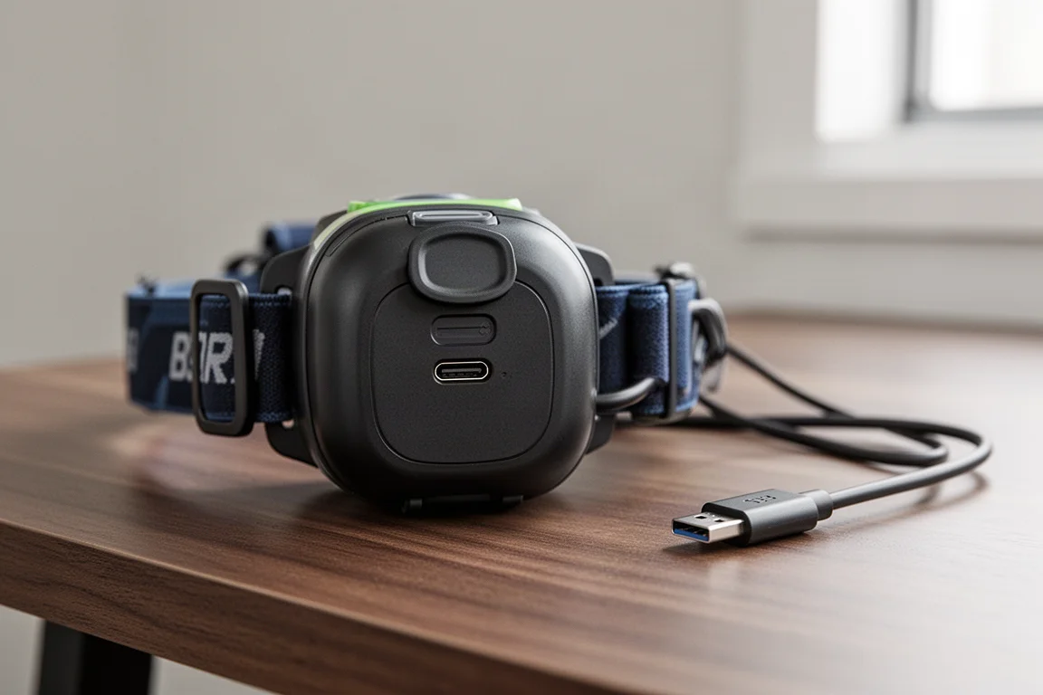 Port de charge USB-C et grande batterie sur la sangle de la lampe frontale