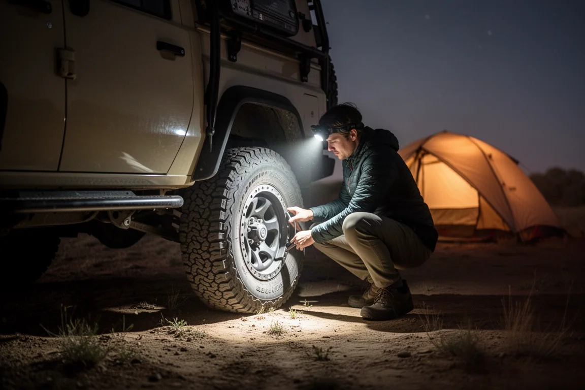 Campeur utilisant une lampe frontale à faisceau large pour changer un pneu la nuit, avec un éclairage large et homogène
