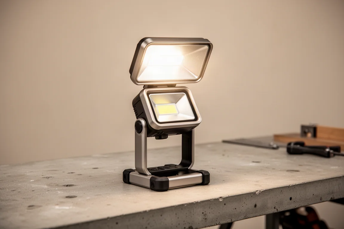 Rechargeable dual beam work light on a workbench with its flood panel lit