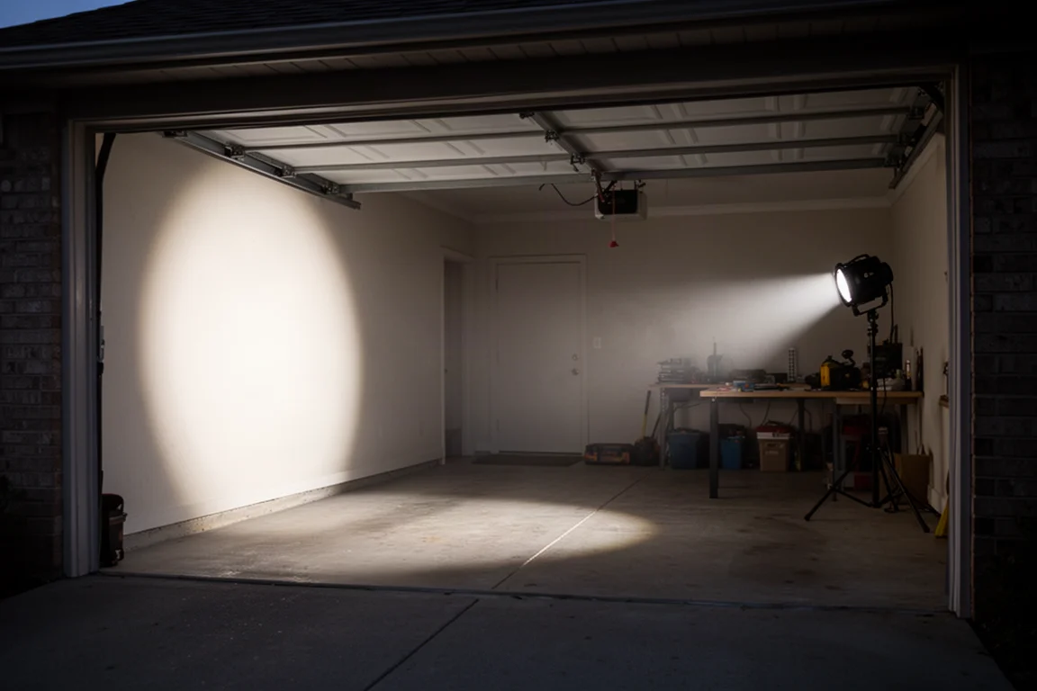 Garage workshop illuminated by a bright combination of flood and spot light