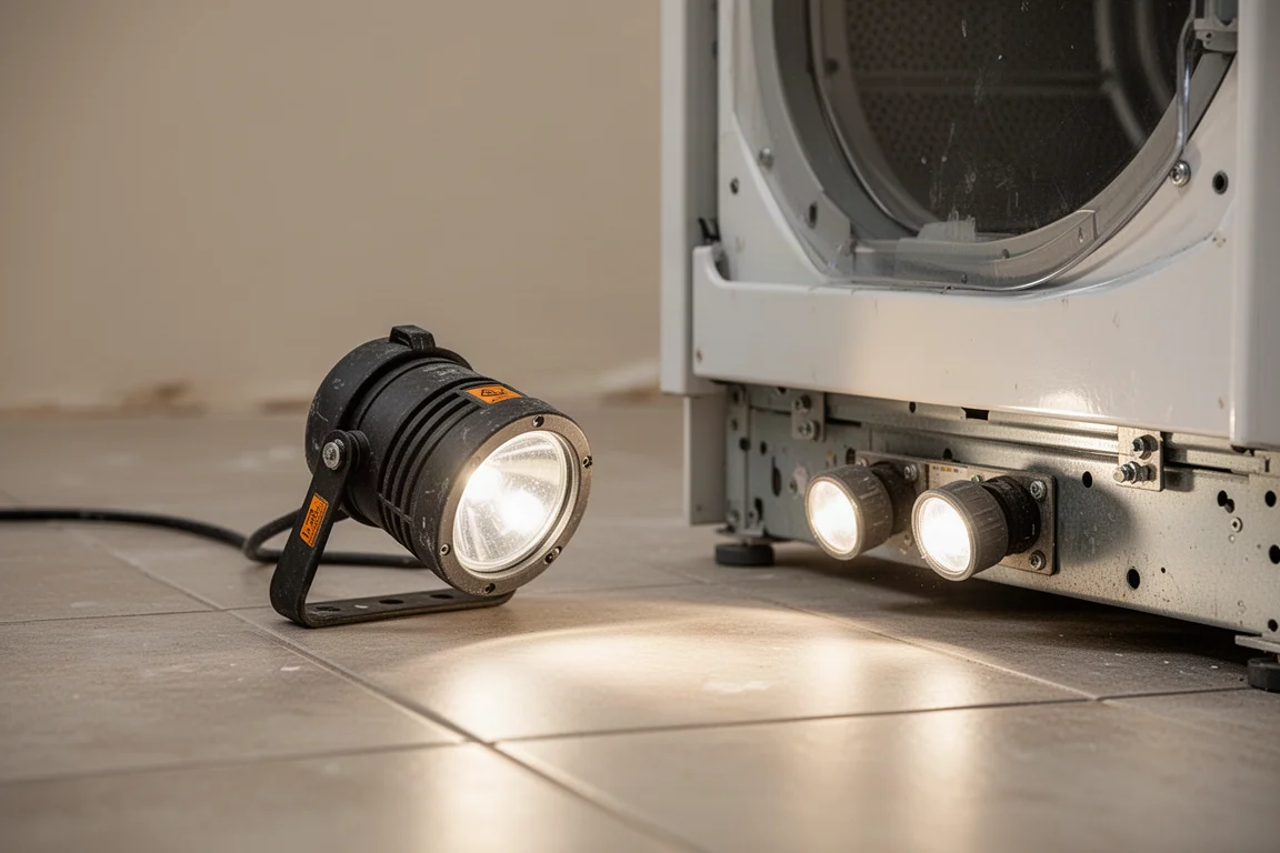 Work light with a swiveling head angled low beside an appliance installation