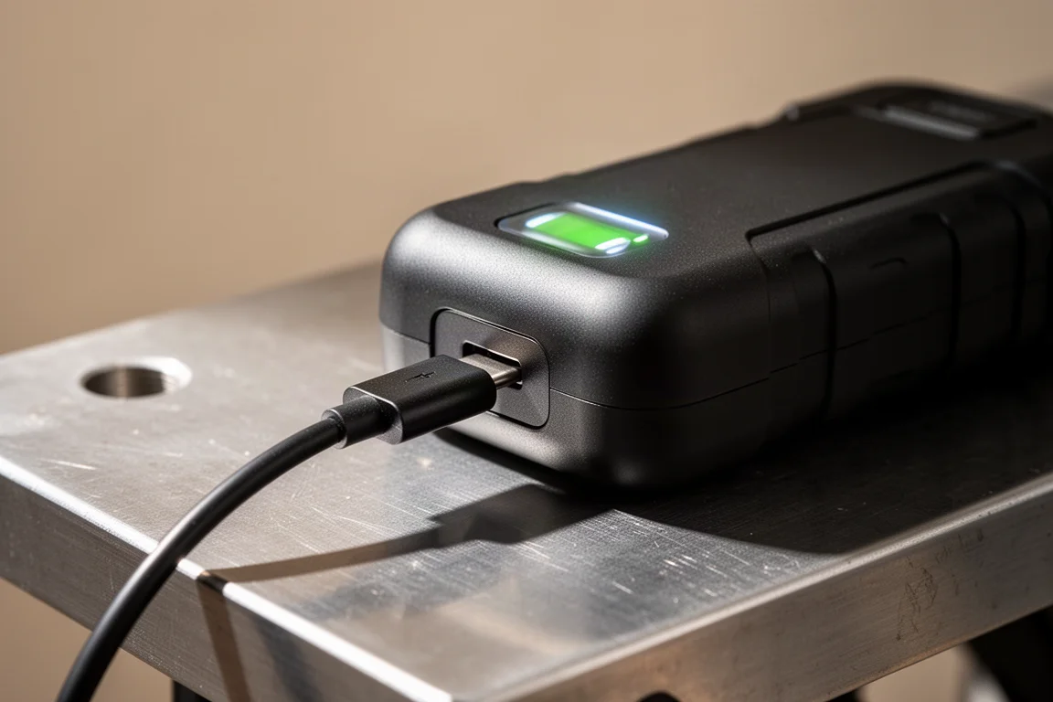 USB-C cable plugged into a work light charging port on a workbench