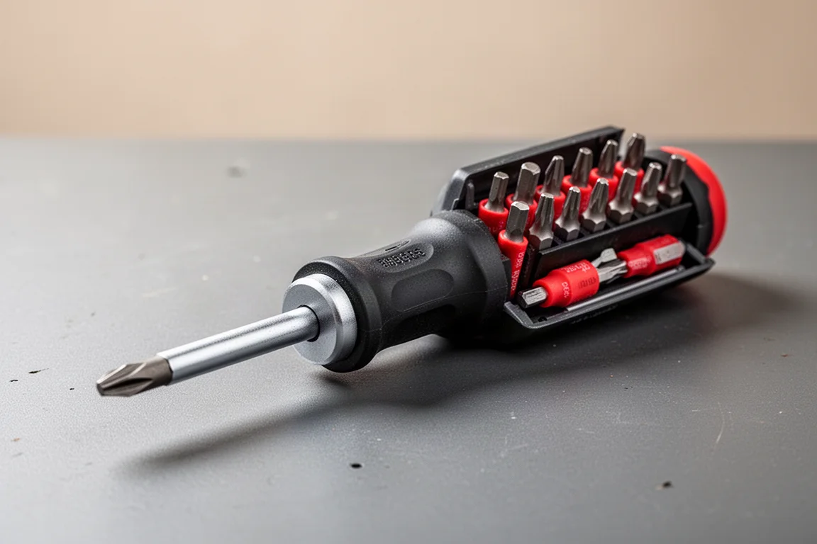 Close-up of insulated screwdriver bits stored in the handle chamber