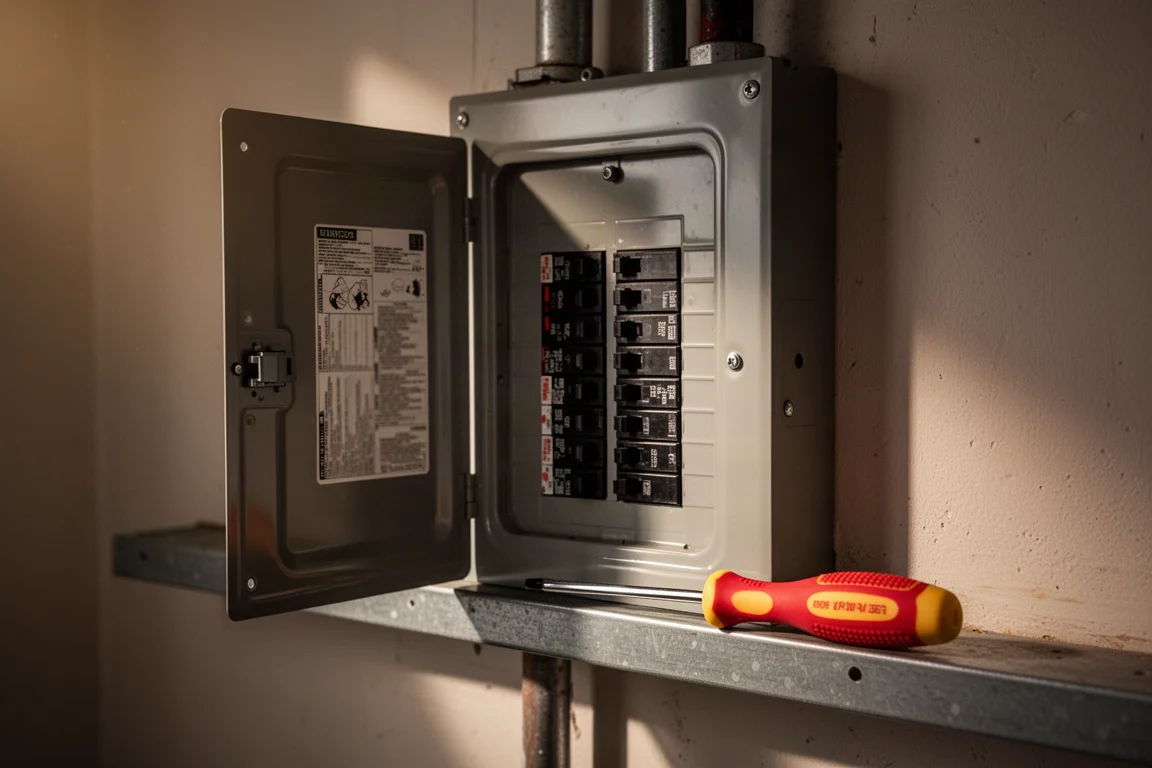 Electrical panel with an insulated screwdriver resting beside it