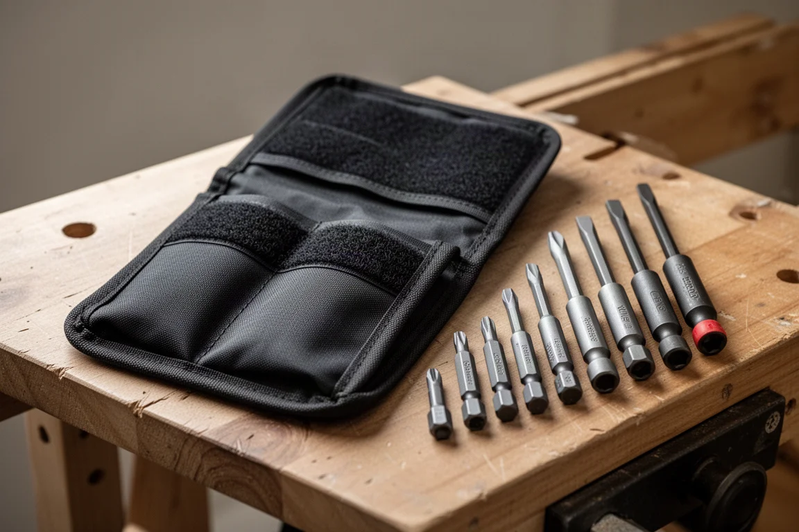 Velcro tool pouch open with insulated screwdriver bits laid out