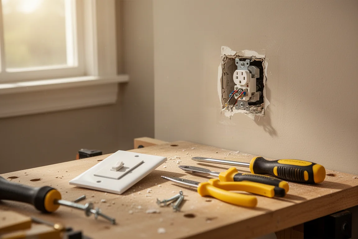 DIYer working on a wall switch with hand tools nearby