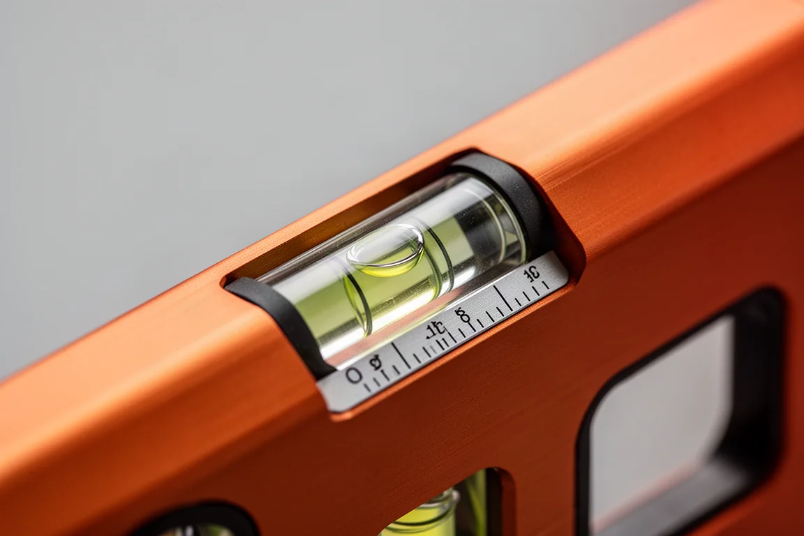 Close-up of the pitch vial on an orange torpedo level showing slope graduations