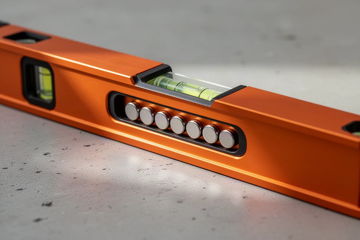 Underside view of a torpedo level showing a row of magnets in a recessed track