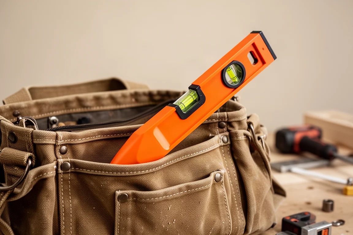 Torpedo level being dropped into a tool bag pocket