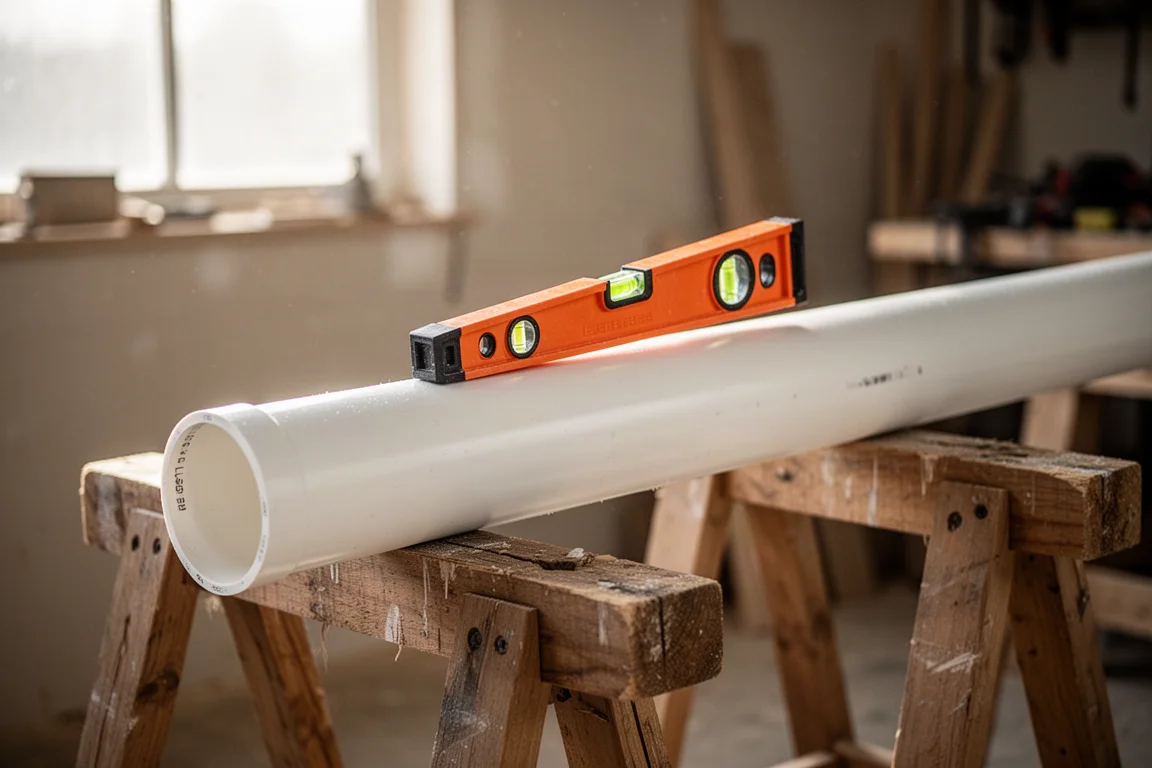 Drain pipe being set at a slight slope on a workbench with a level resting on top
