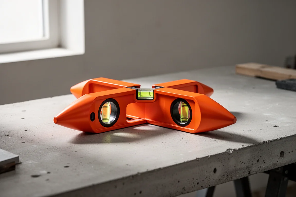 Bright orange aluminum torpedo level on a concrete workbench