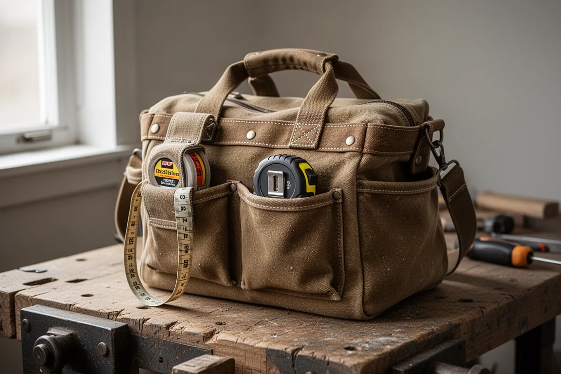Borsa portautensili con un portametro fissato sul fianco