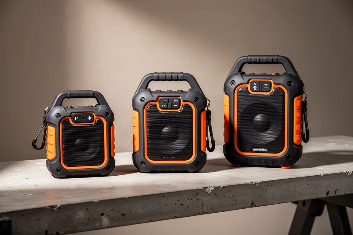 Three rugged Klein jobsite Bluetooth speakers in increasing sizes on a concrete workbench