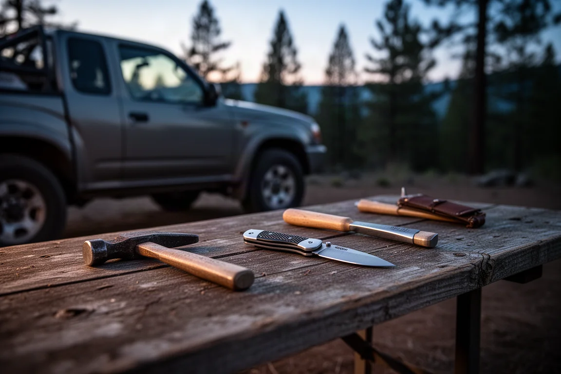 Campamento al atardecer con herramientas dispuestas sobre una mesa de madera junto a una camioneta
