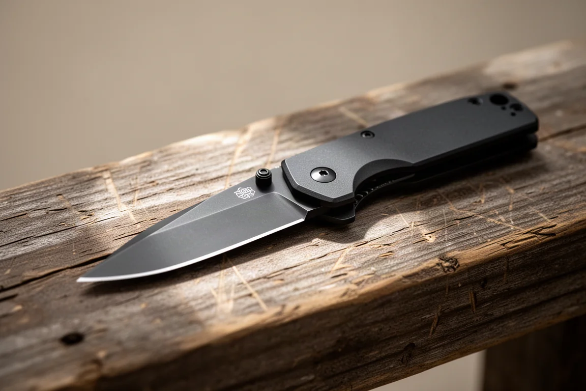 Primer plano de la hoja de un cuchillo plegable sobre una superficie de madera rugosa