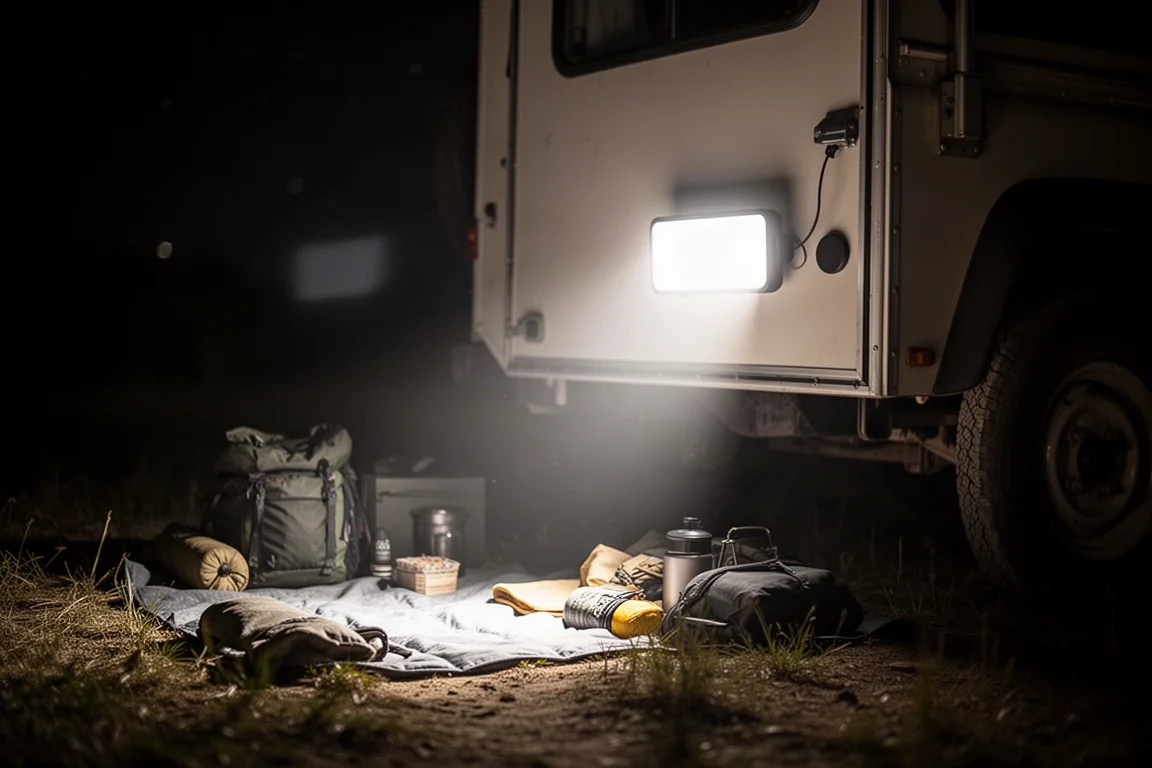 Luz de área magnética fijada a un panel de vehículo iluminando un campamento por la noche