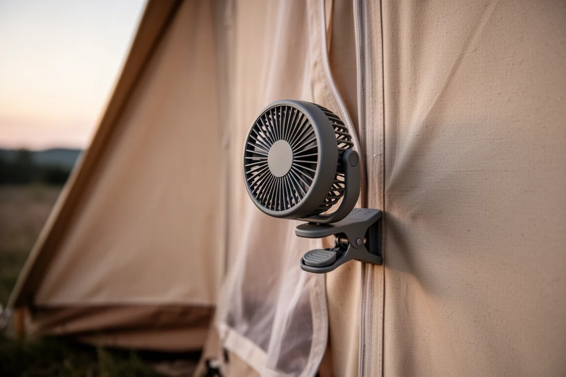 Pequeño ventilador con pinza sujeto a la pared de una tienda con cálida luz de atardecer